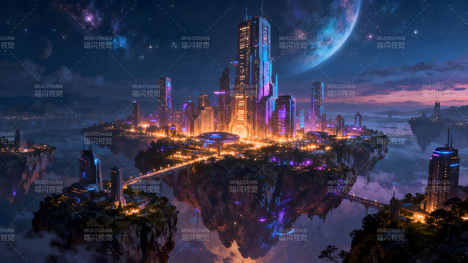未来都市夜景悬浮城市科技感图片