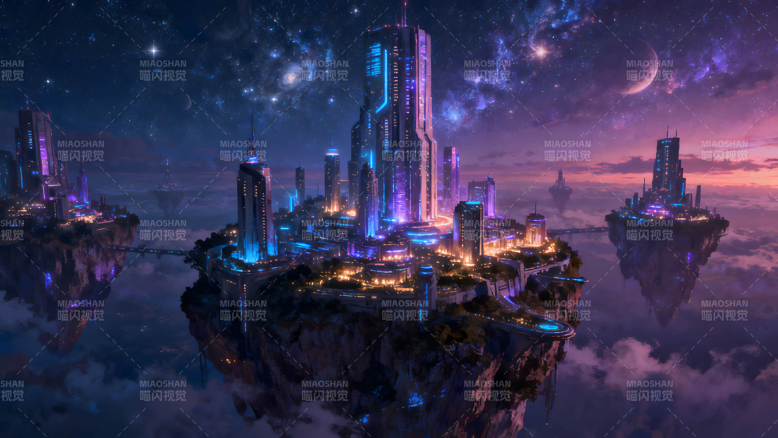 未来城市浮岛夜空下的科幻之城图片