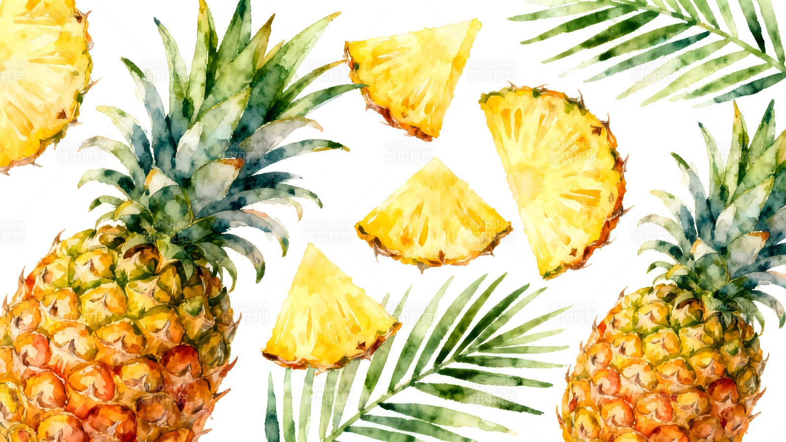 水彩菠萝和叶子图案图片
