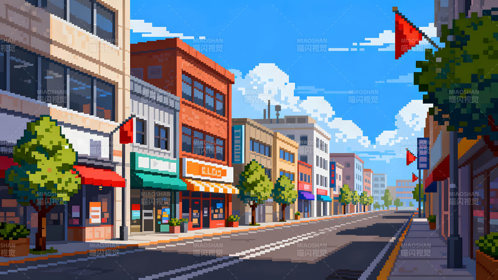 像素风街道风景阳光明媚建筑商店林立图片