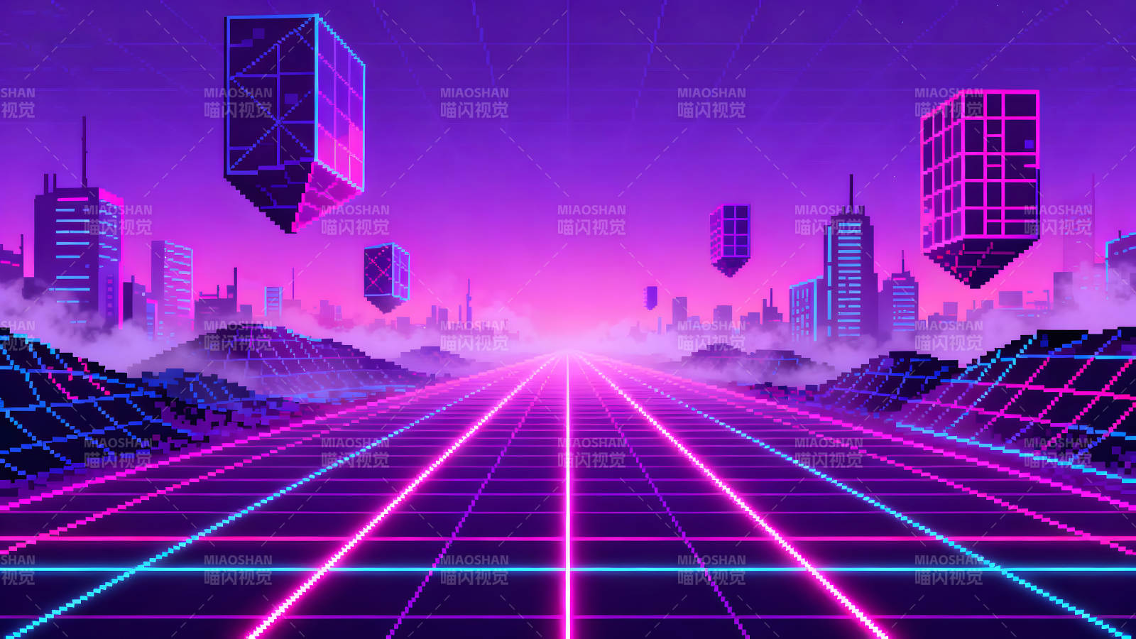 霓虹灯城市风景像素化风格图片