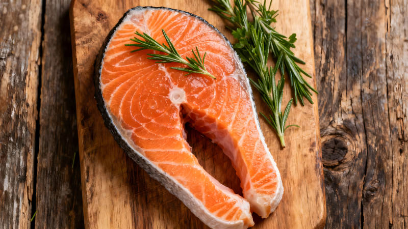 鲑鱼配迷迭香在木板上图片