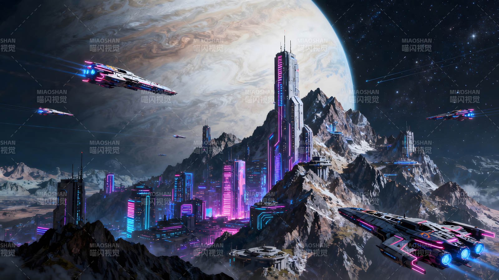 未来城市在星球山脉中穿梭图片