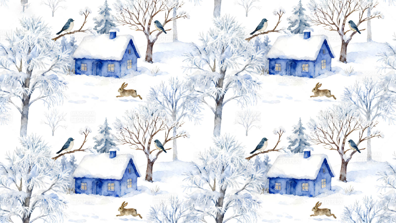 冬日雪景风光蓝房子雪兔飞鸟图片