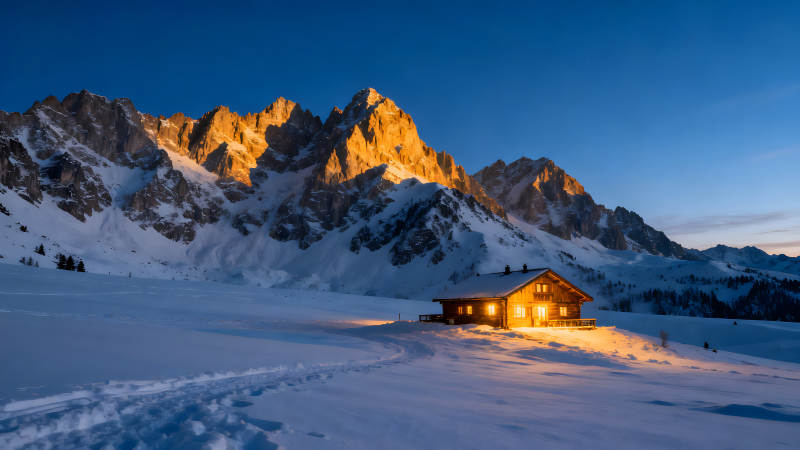 雪山小屋日出美景图片
