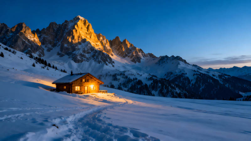 雪山小屋沐浴在夕阳余晖中图片