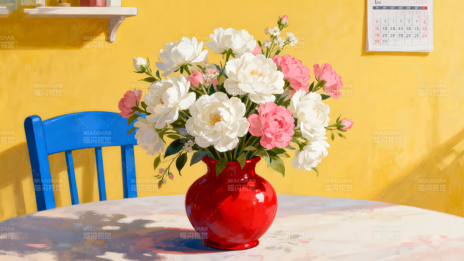 鲜花静物绘画红色的花瓶图片