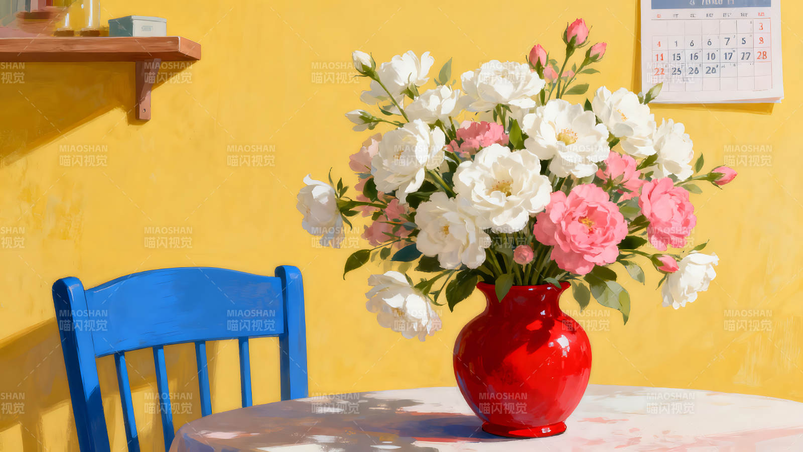 鲜花红瓶与蓝椅室内场景图片