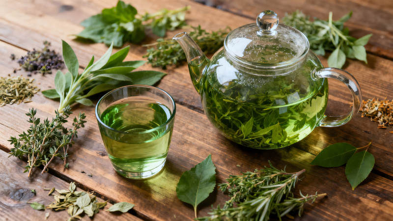 草本茶水清澈明亮摆放清新舒畅图片