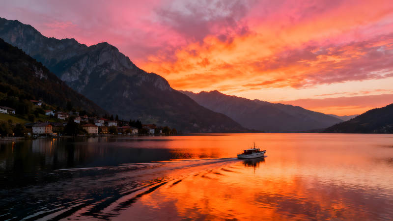 夕阳下的湖泊与船只图片