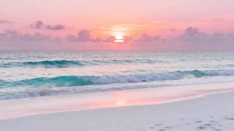 粉色夕阳下的海滩图片