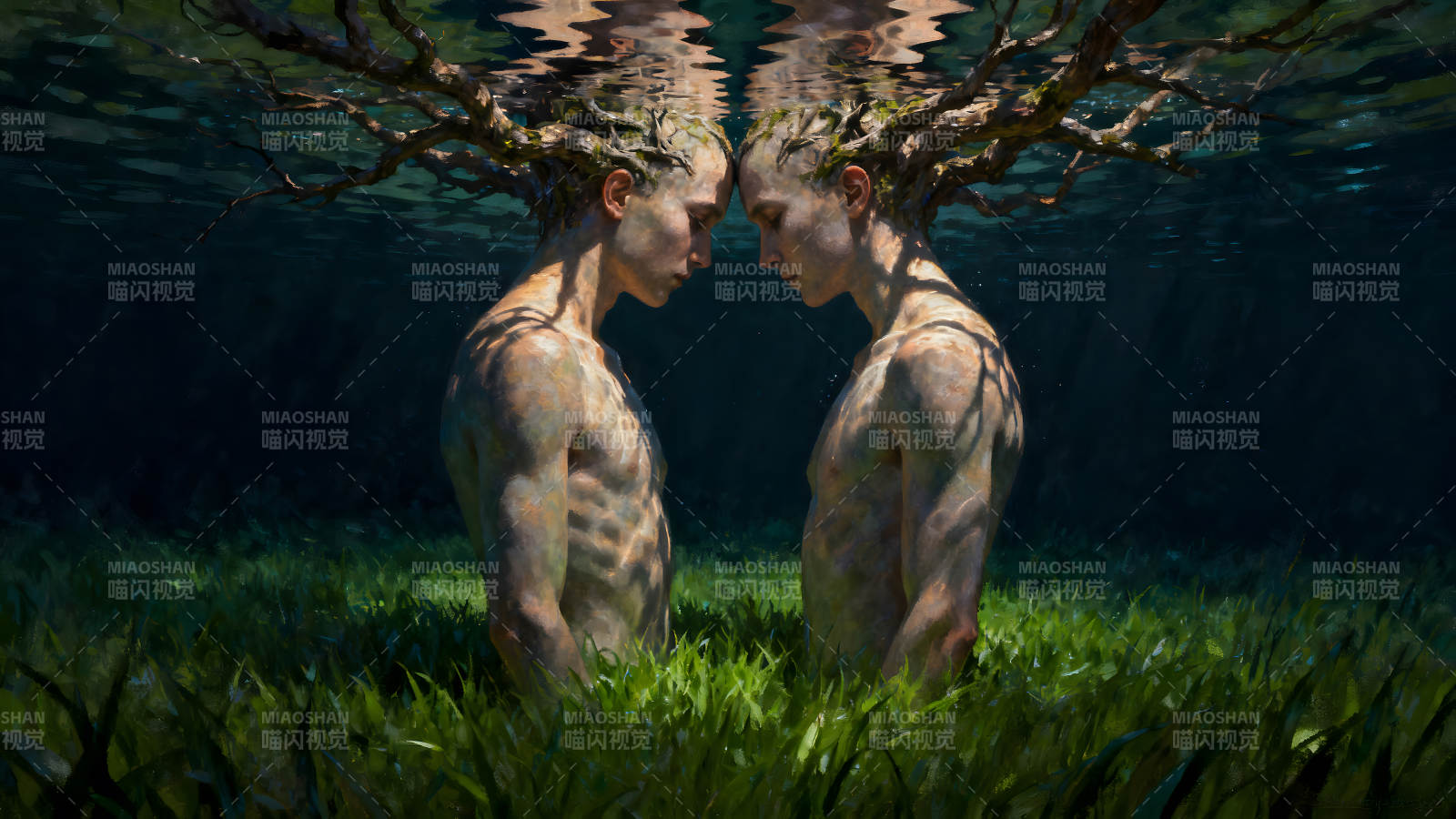 水下相拥的树人图片