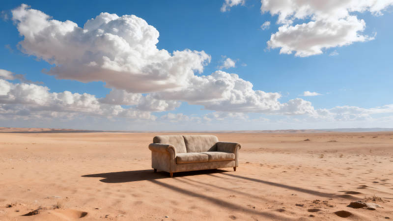 沙漠中的沙发蓝天白云图片