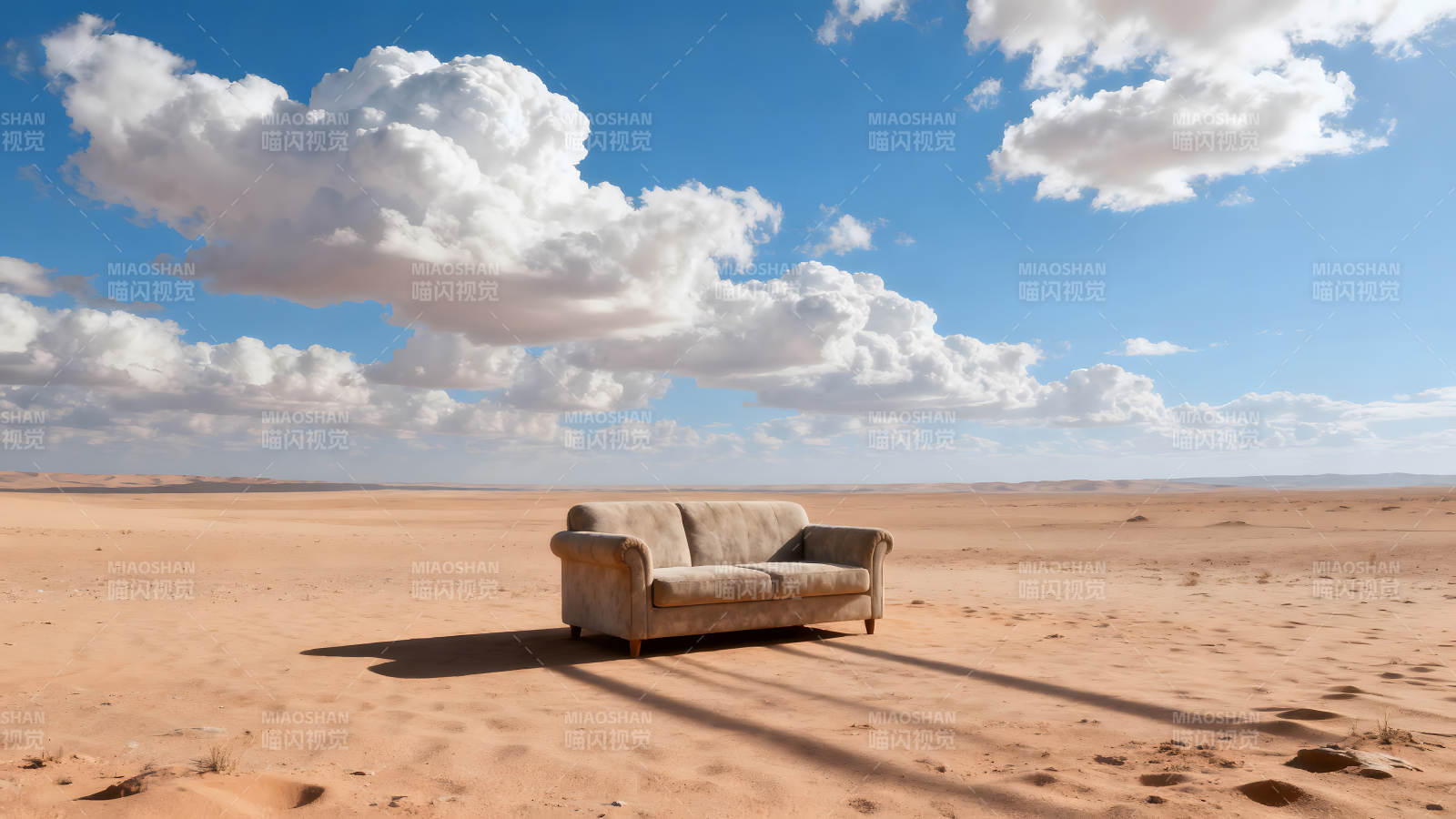 沙漠中的沙发蓝天白云图片