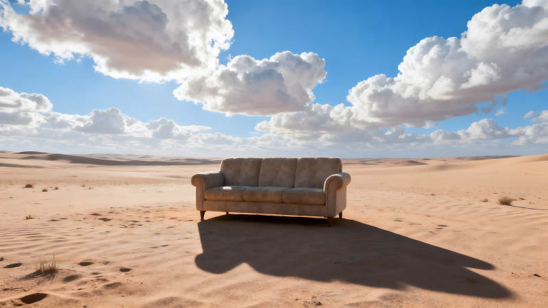 沙发伫立在沙漠中蓝天白云下图片