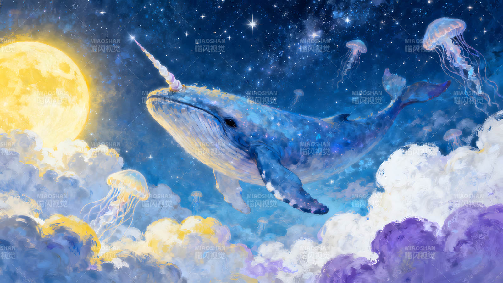 独角鲸在梦幻星空遨游图片
