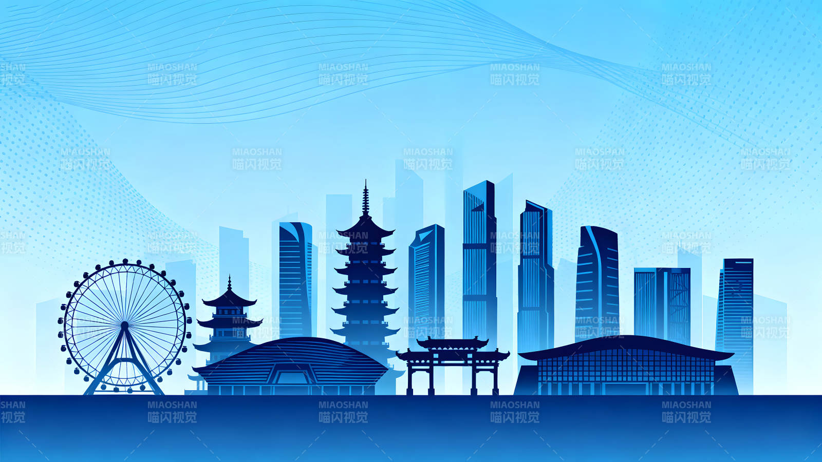 蓝色城市天际线风光图图片