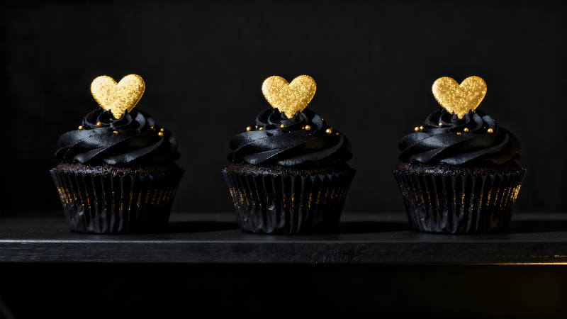 黑色纸杯蛋糕装饰金色爱心图片