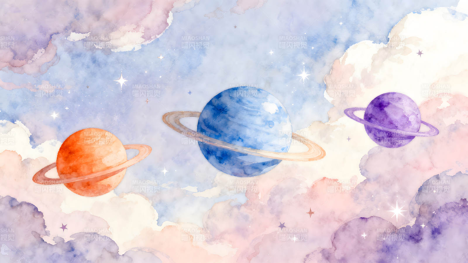 星空行星水彩画梦幻景象图片
