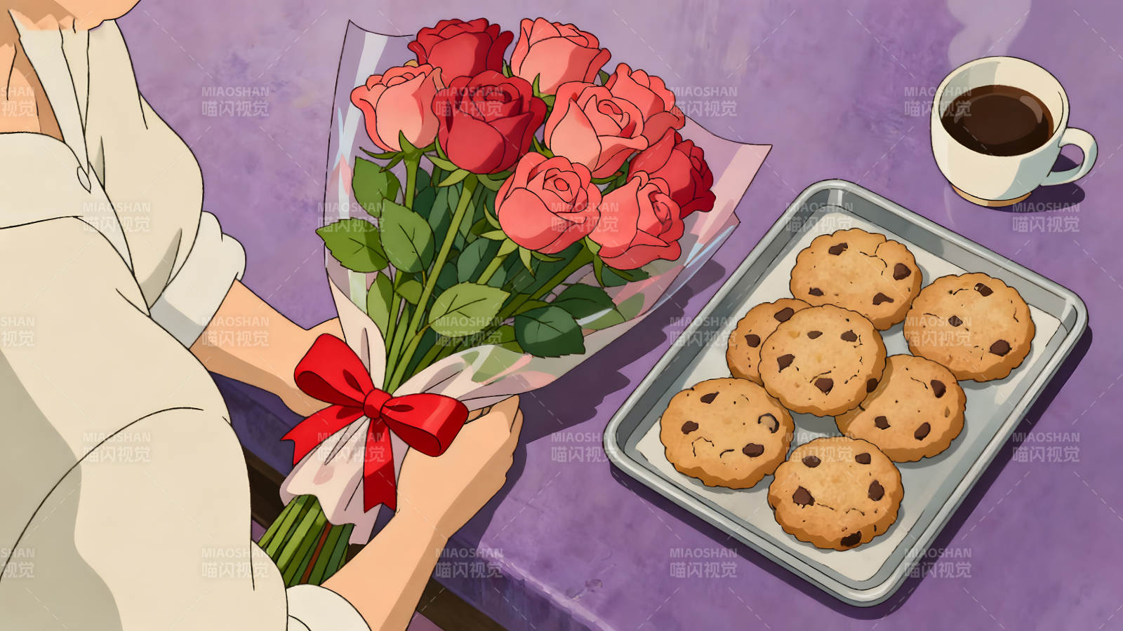 手捧鲜花和点心温暖瞬间图片