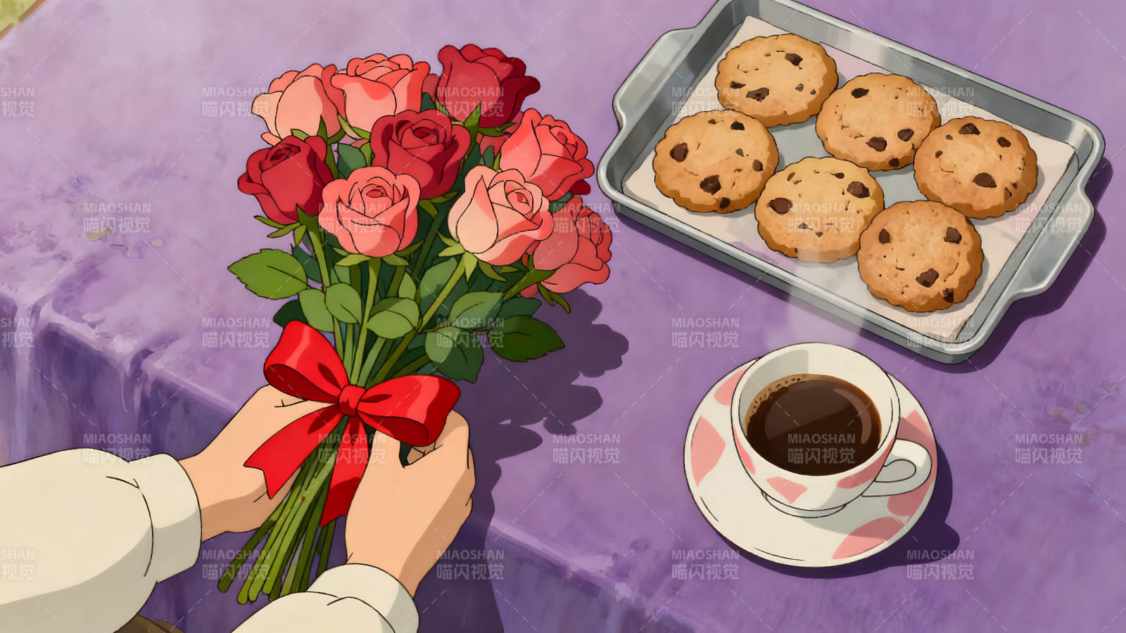 鲜花饼干咖啡的温馨画面图片