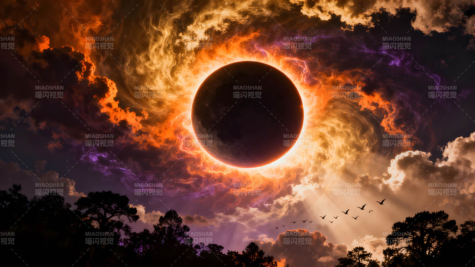 日食奇观鸟类飞翔树木剪影天空奇幻图片