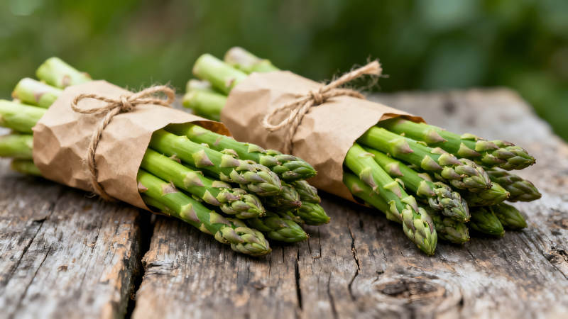 新鲜的芦笋捆绑在木桌上图片