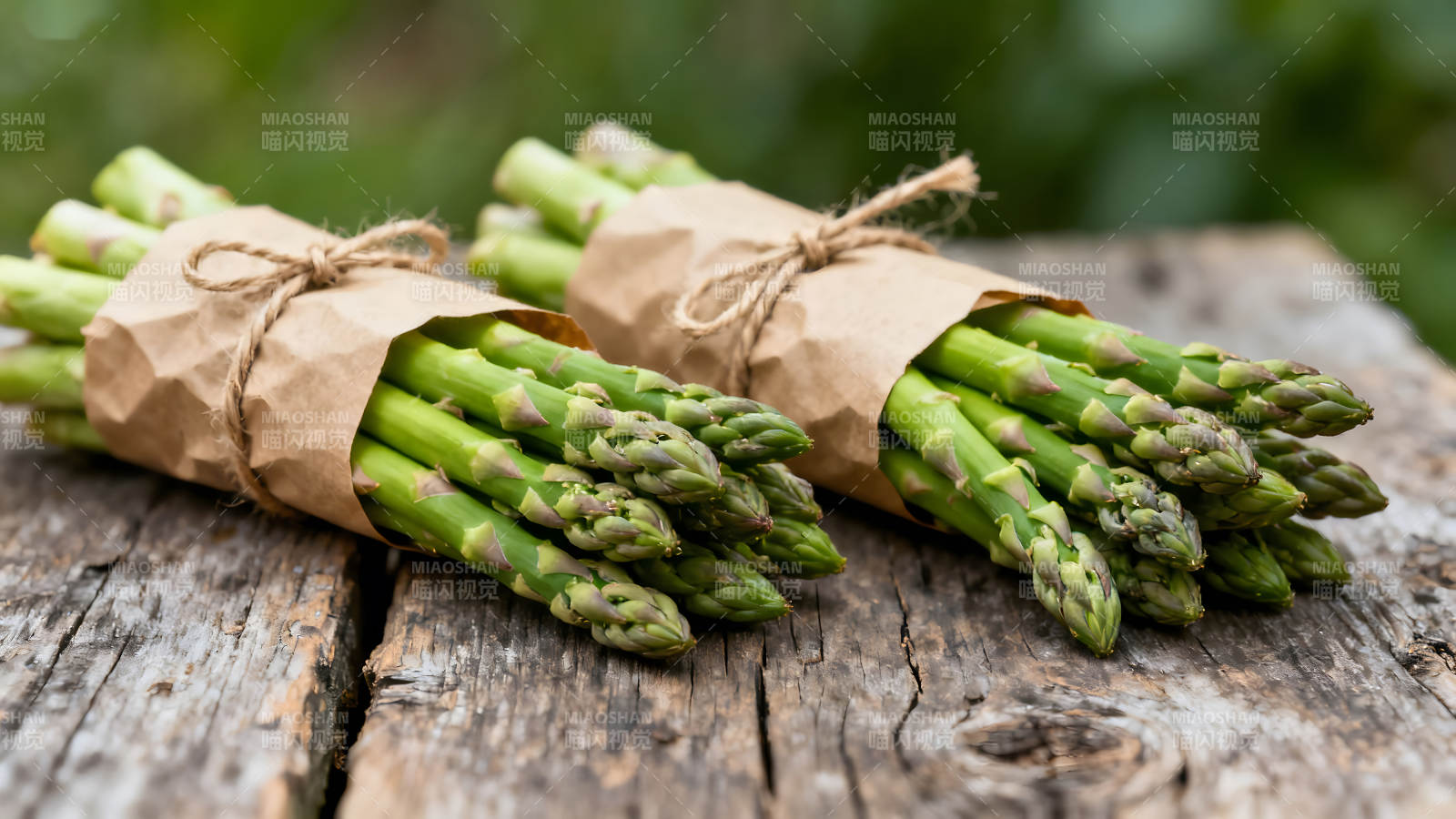 新鲜的芦笋捆绑在木桌上图片
