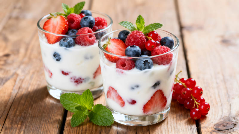 美味的水果酸奶特写镜头图片