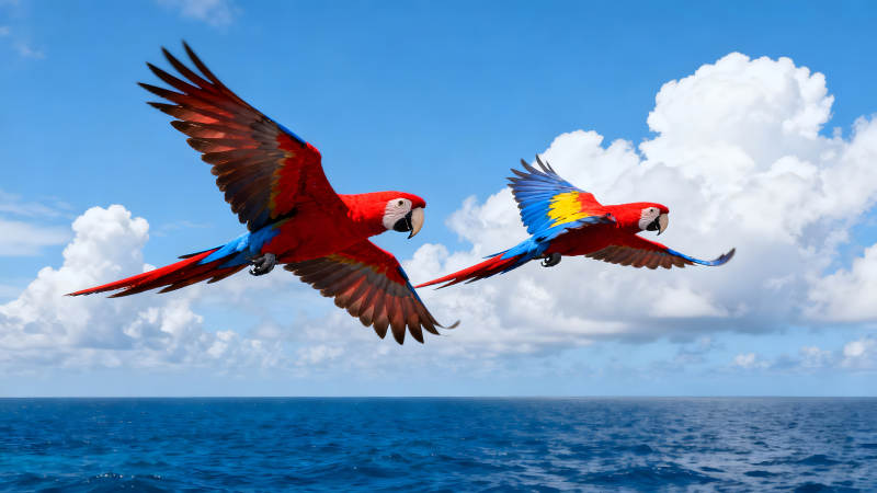 两只鹦鹉翱翔天空大海之上图片