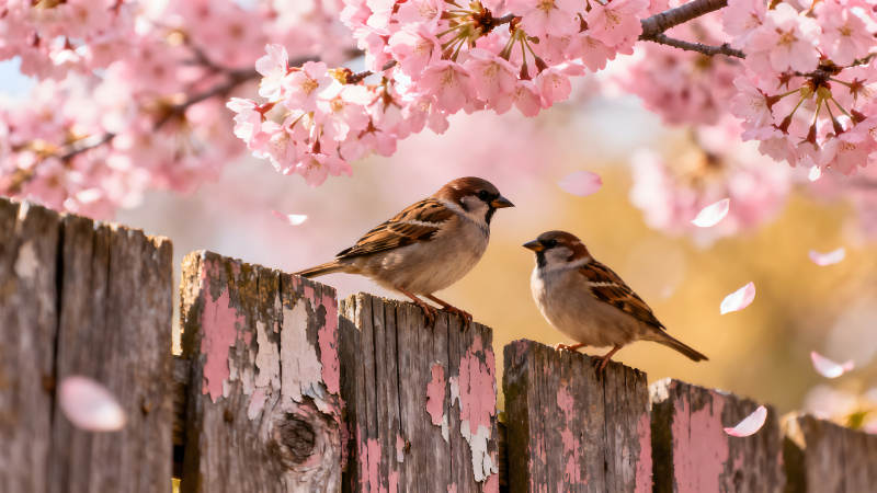 两只小鸟栖息于木栅栏之上樱花漫天飞舞图片