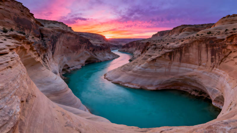 峡谷日落倒影湛蓝河水美景图片