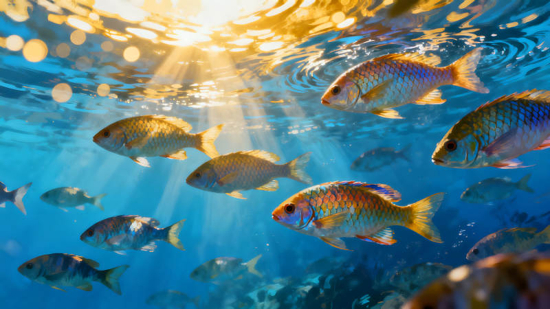 水下鱼群阳光照射呈现梦幻景象图片