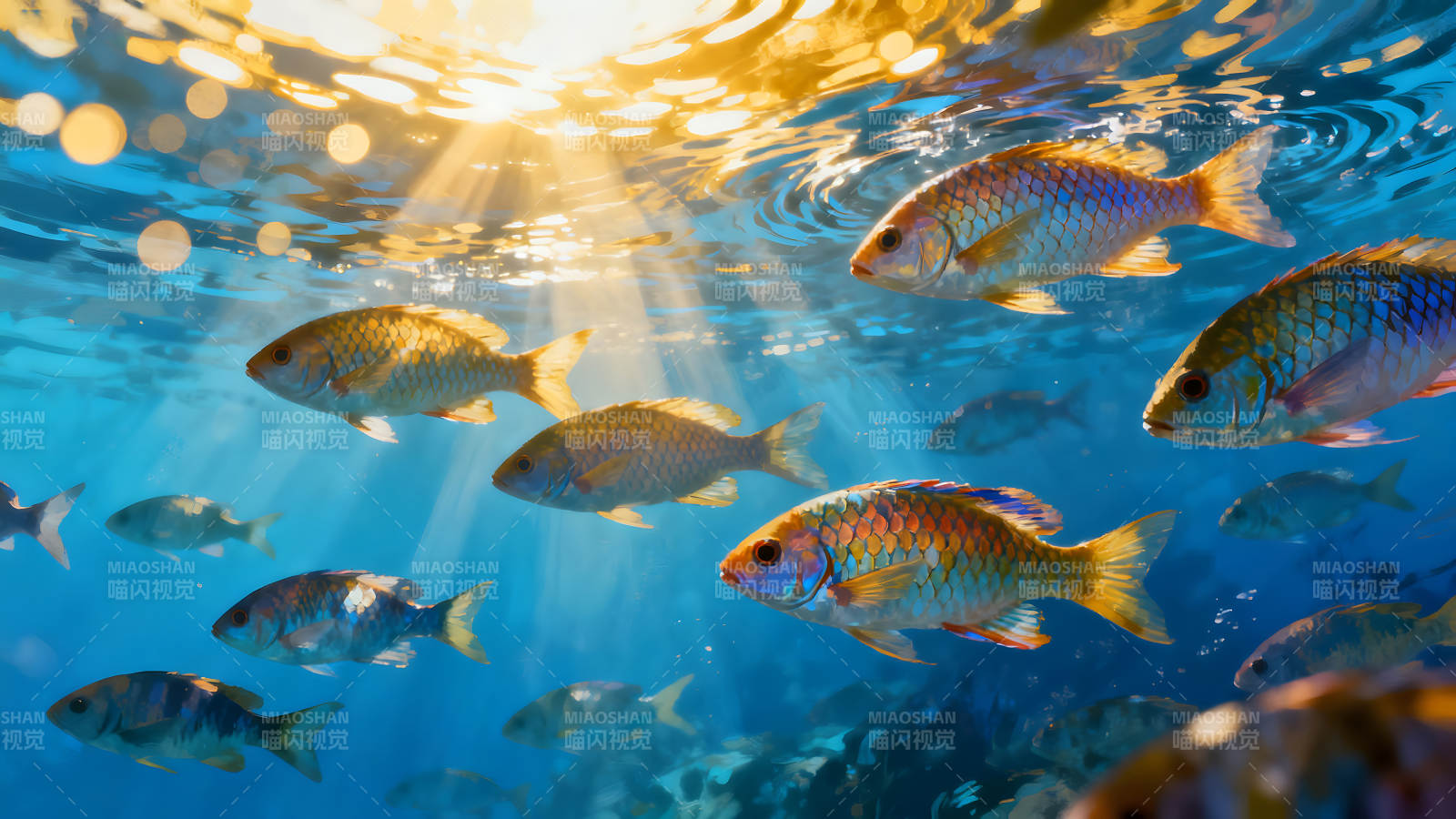 水下鱼群阳光照射呈现梦幻景象图片