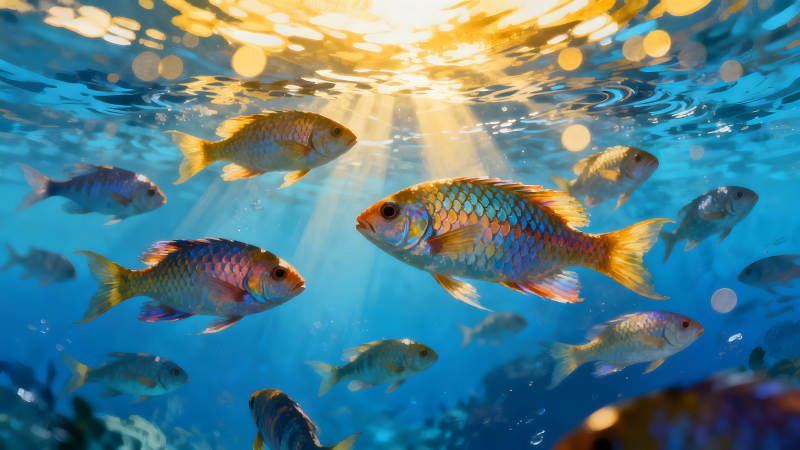 水下鱼群阳光透射的景象图片