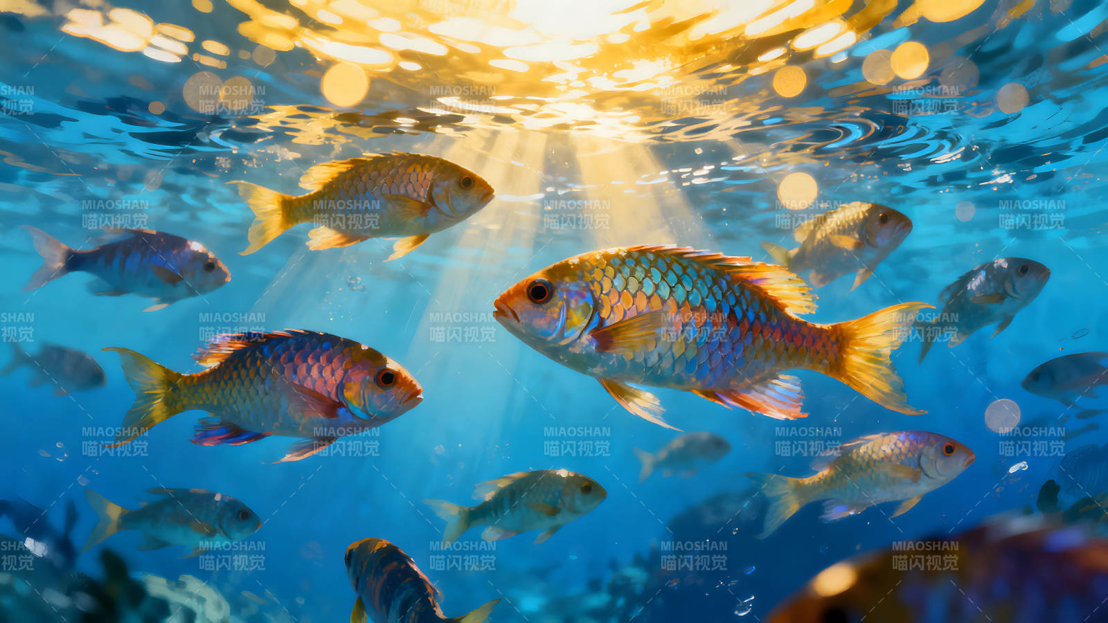水下鱼群阳光透射的景象图片