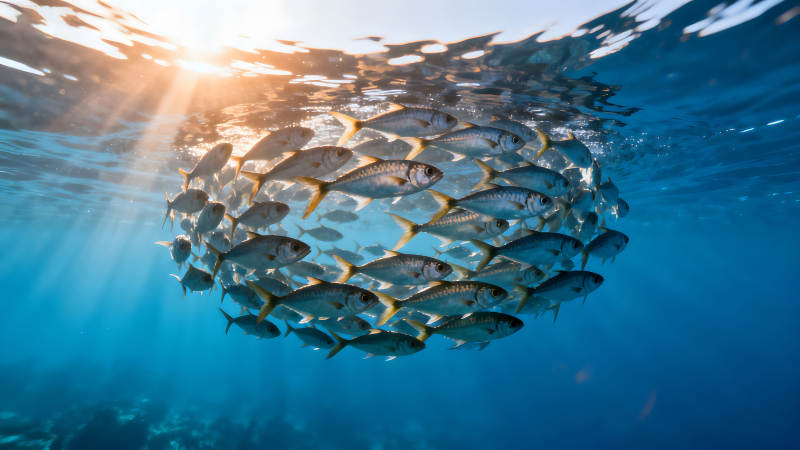 阳光下鱼群形成球形图片