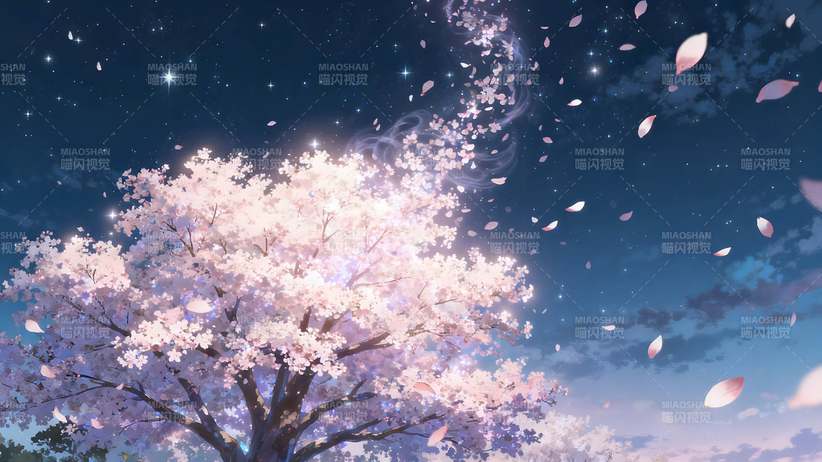 夜幕下樱花绽放星光闪耀图片