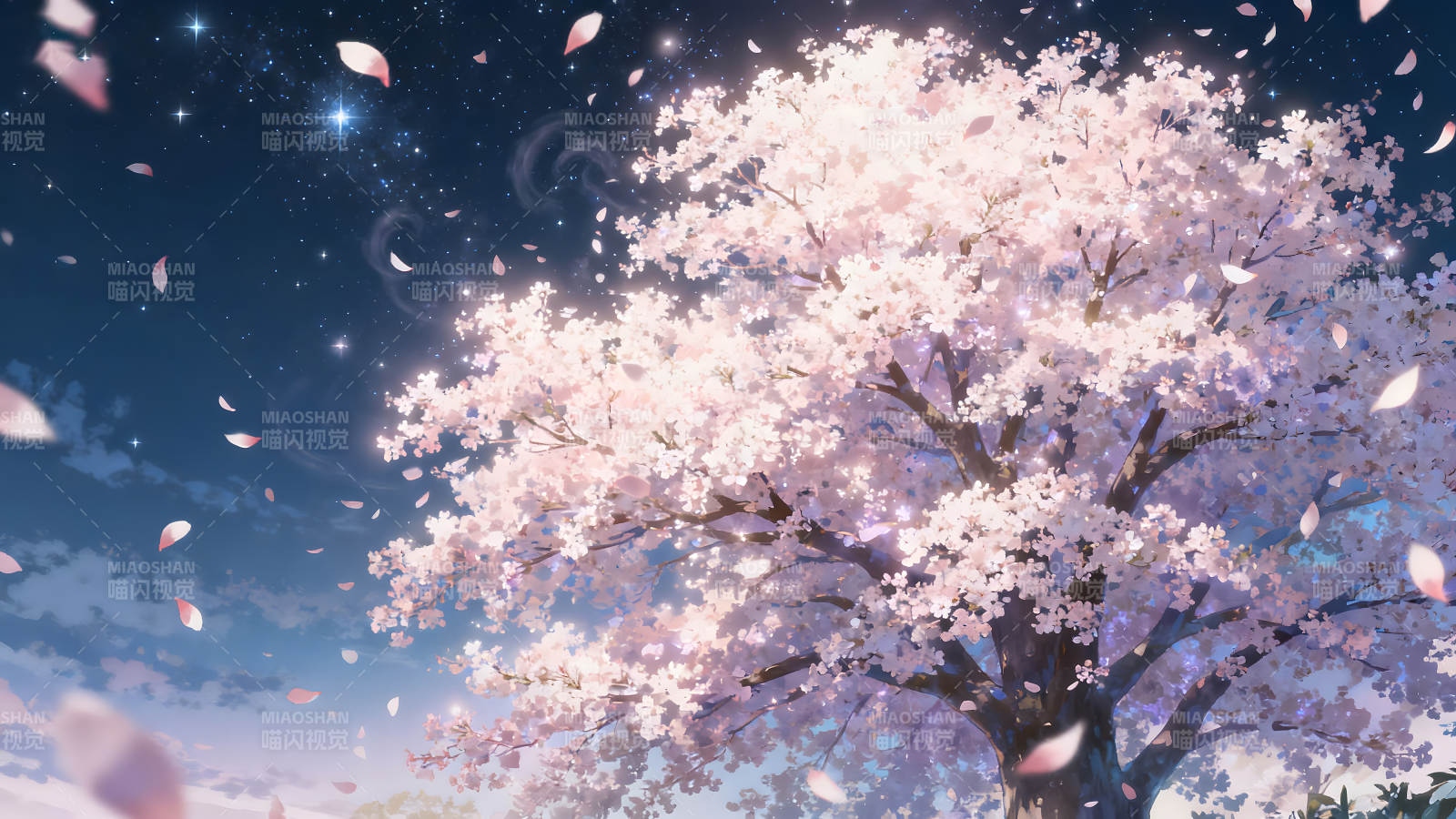 夜樱树下繁星点点粉色花瓣飞舞图片
