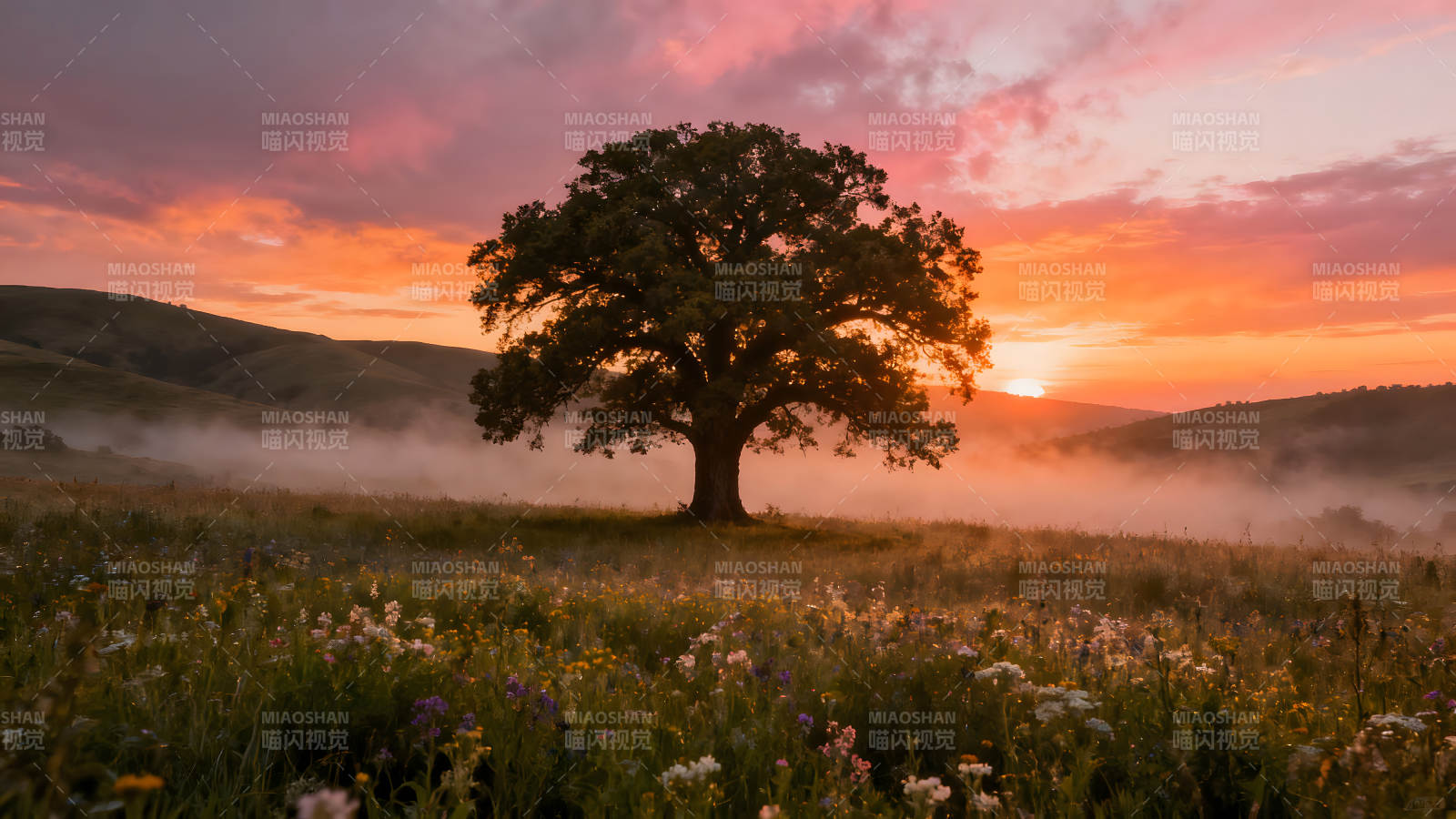 田野树木夕阳景色宁静优美图片