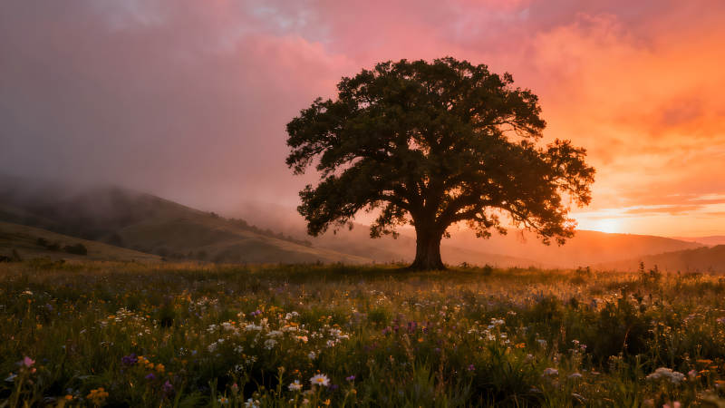 夕阳下的孤树与花海美景图片