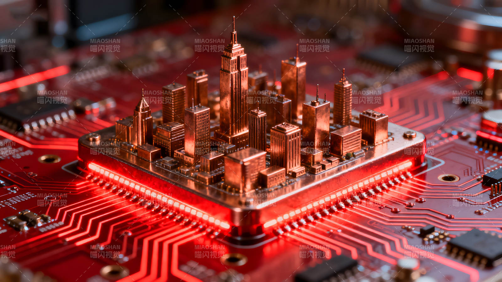 电路板上的微型城市建筑图片