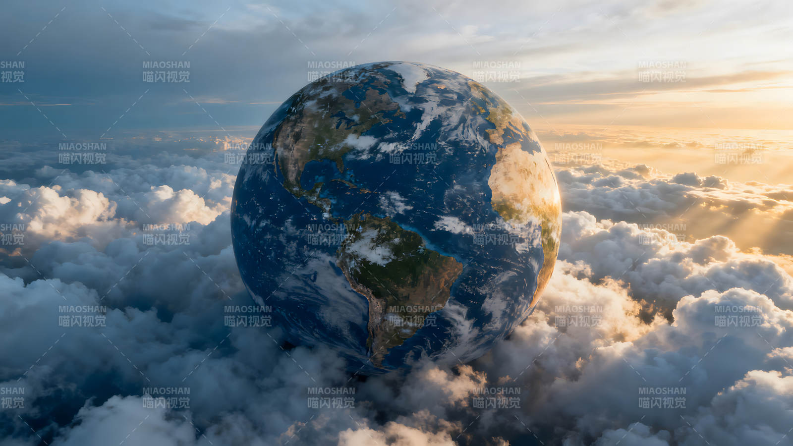 地球悬浮云海之上金色光芒照耀图片