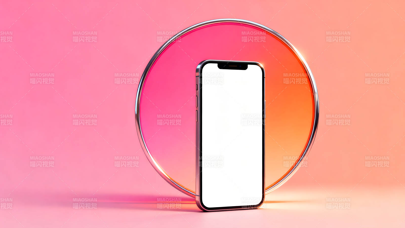 手机置于粉色背景下的创意展示图片