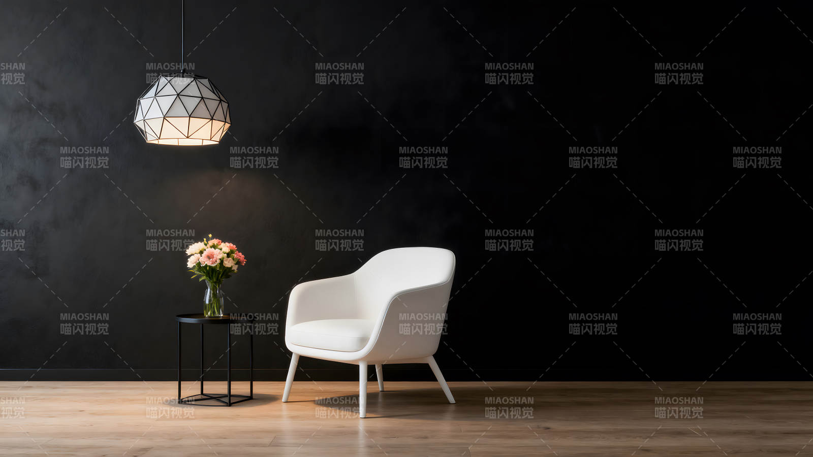 黑墙白椅灯饰鲜花营造简约氛围图片