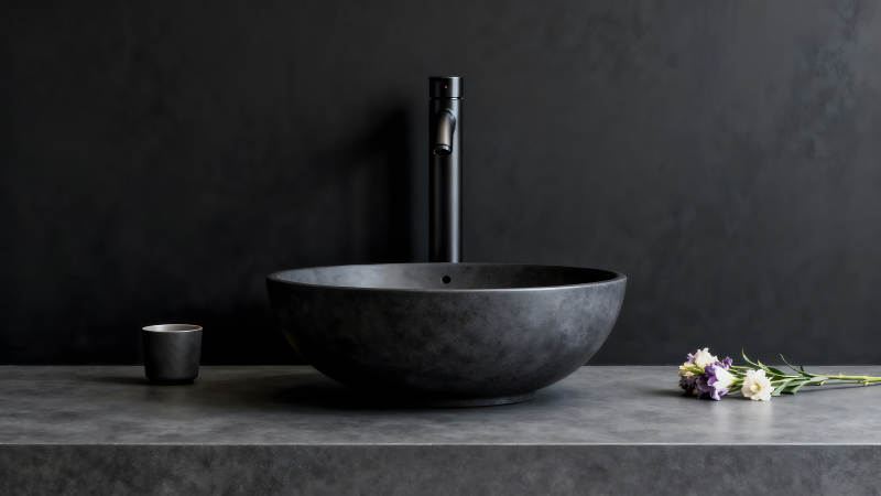 黑色洗手盆搭配花朵与茶杯图片