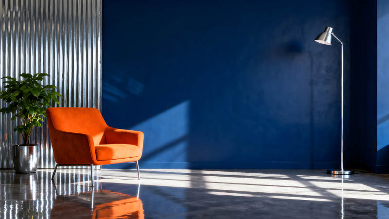 橙色沙发蓝色墙面光影交错图片