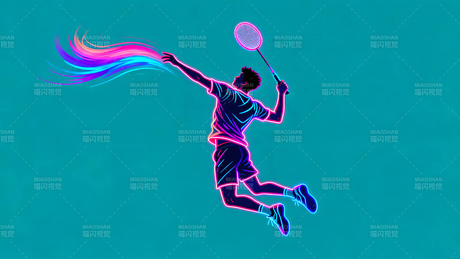 羽毛球运动员跃起击球炫彩特效图片