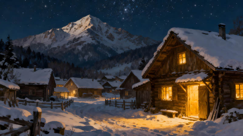 夜晚雪山下的村庄温暖灯光照亮图片