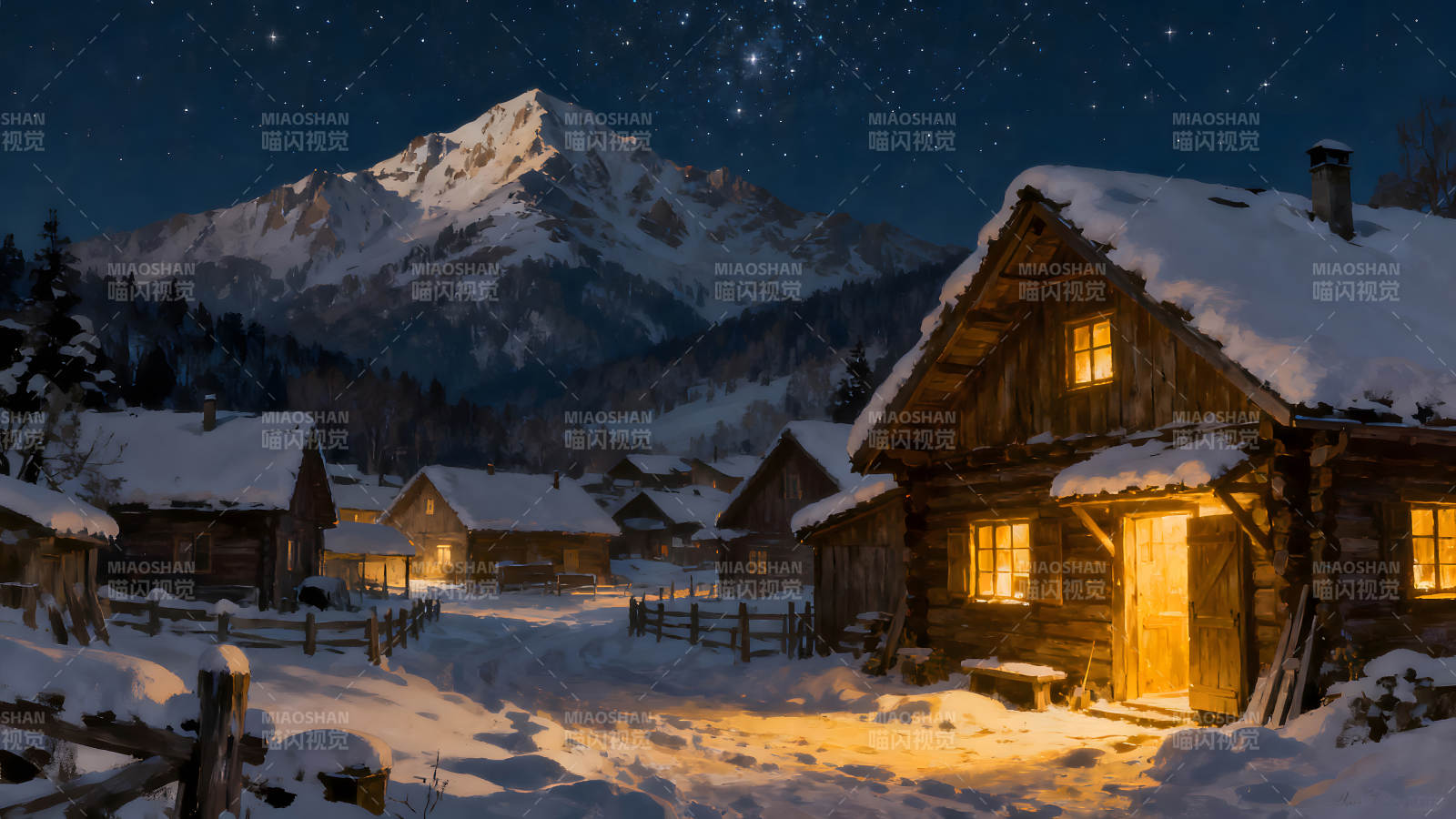夜晚雪山下的村庄温暖灯光照亮图片